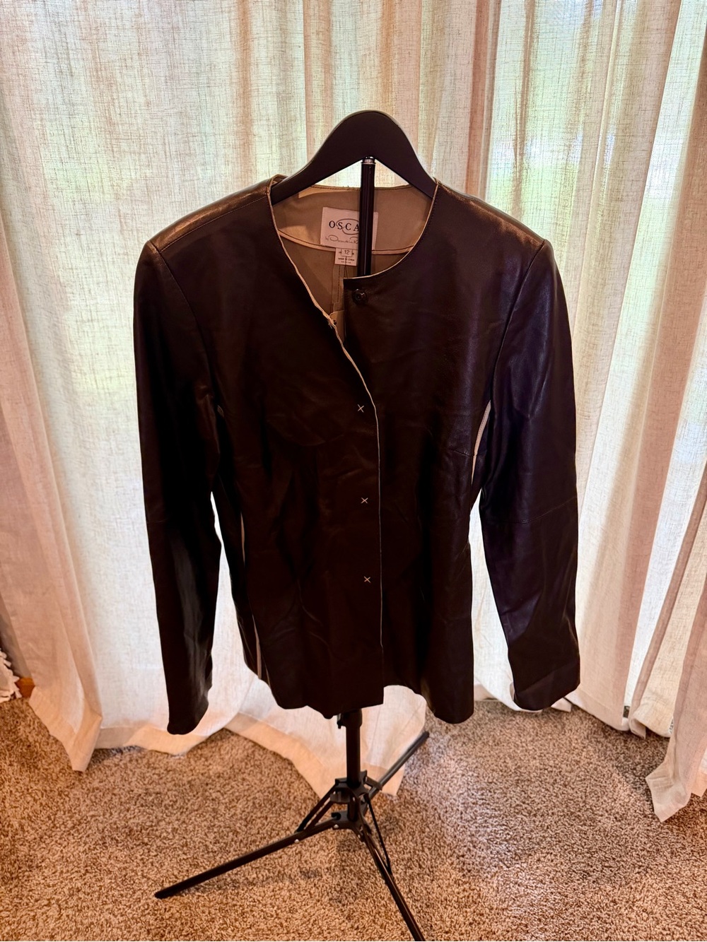 Oscar de la Renta Black Collarless Leather Jacket